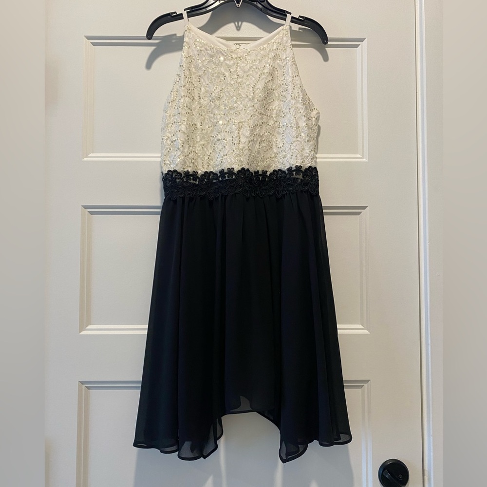 BCX Girl Dress, White Lace top/Gold Sequins, Black Chiffon Bottom/Lace, Sz 14